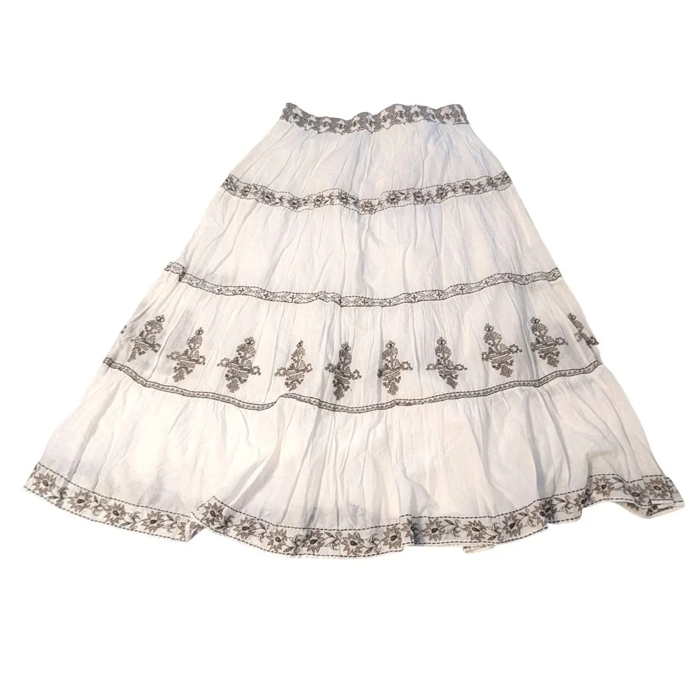 Zara Women White Embroidered Cotton Tiered Maxi Skirt XL 7521/280/712 Boho New
